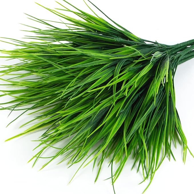 Ouddy Decor 24 Bundles Artificial Plants Outdoors Fake Wheat Grass Faux Greenery Stems Plastic Shrubs UV Resistant for Patio Garden Porch Window Box Spring Home Decor, Green