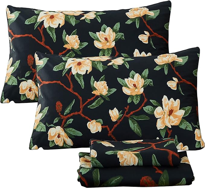 FADFAY Sheets Set King Shabby Black and Yellow Floral Bedding Elegant Peony Sheets Set Vintage Farmhouse Bedding Soft 100% Egyptian Cotton 800 Thread Count Deep Pocket Fitted Sheet, 4Pcs-King Size