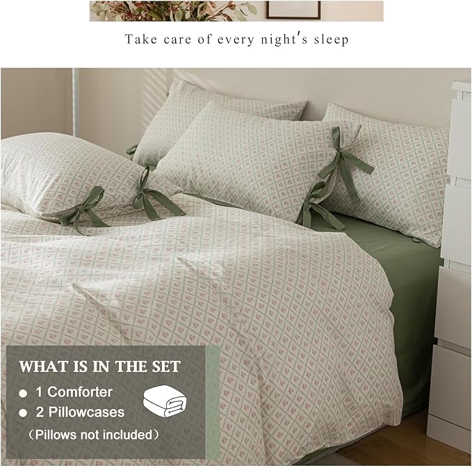 VM VOUGEMARKET Red Flower Comforter Set Twin XL Green Checkered Comforter with 2 Bow Ties Pillowcases Cute Botanical Cottagecore Bedding Sets for Teen Girls-Twin XL,Blue-68"x90"