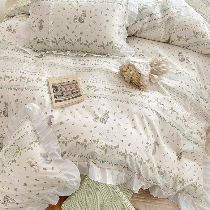 Ruffle Floral Comforter Girls Flower Comforter Set Queen Aesthetic Leaves Floral Bedding Comforter with Cute Rabbit Reversible Green Plaid Comforter Princess Bedding Botanical Comforter Set