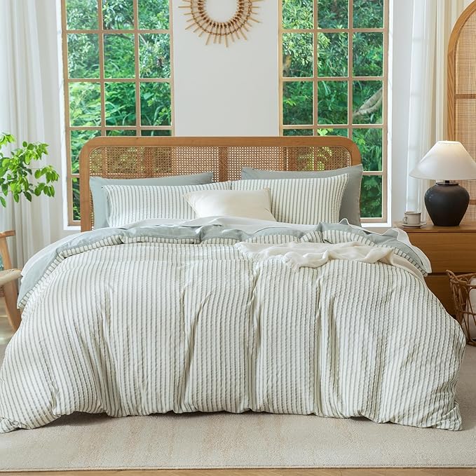 Striped Duvet Cover King Washed Microfiber Jacquard 3 Pieces Bedding Set, White Grayish Green Vertical Ticking Stripes Pattern Comforter Cover with Zipper Closure Breathable Durable Soft Comfy