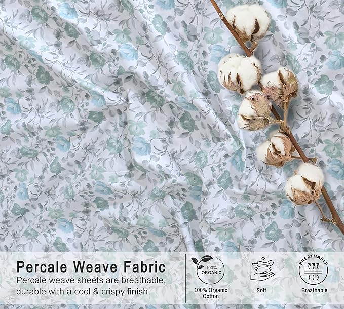 RUVANTI 100% Organic Cotton Sheets Twin Size, Percale Weave, GOTS Certified, 3-Piece Set, Deep Pocket 15", Crisp & Breathable, Soft Durable Bedding, Sábanas Algodón Orgánico – Cold Chrysanthemum