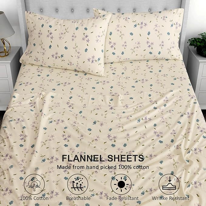 RUVANTI Flannel Sheets Twin XL Size - 100% Cotton Double Brushed Twin XL Sheet Sets, Deep Pockets 16 Inches, All Seasons Breathable & Extra Soft Bed Sheets, Warm & Cozy, 3 Piece, Jasmine Stamp Cream