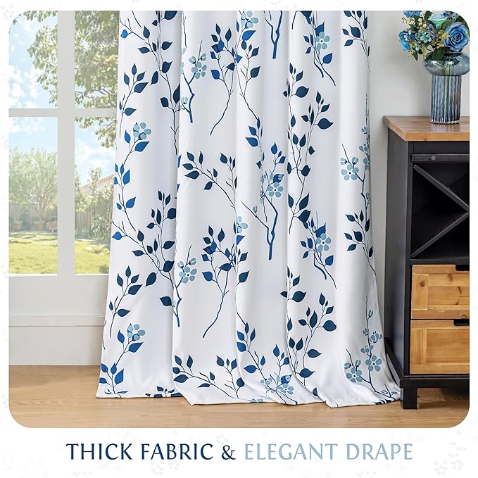 Beauoop Floral 100% Blackout Curtains 96 Inches Long 2 Panels for Bedroom Living Room Navy Blue and White Flower Patterned Room Darkening Thermal Soundproof Rod Pocket Back Tab Window Drapes, 52X96