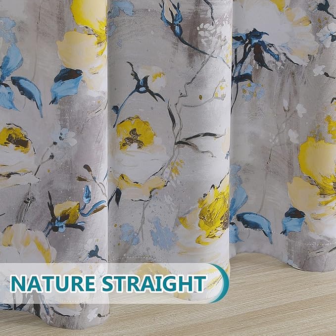 MYSKY HOME Floral Curtains 63 inch Length 2 Panels for Living Room Vintage Flower Printed Drapes Thermal Insulated Curtains Panels with Grommet, Grey and Yellow