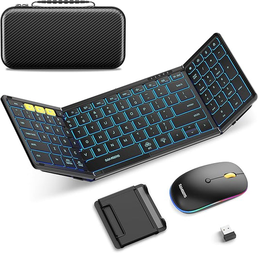 Samsers Foldable Keyboard and Mouse, Folding Bluetooth Keyboard Mouse Combo with Backlight, 2.4G + BT5.0 x 2, Full-Size Travel Keyboard & Portable Wireless Mouse for Windows/Android/iOS/Mac OS, Black