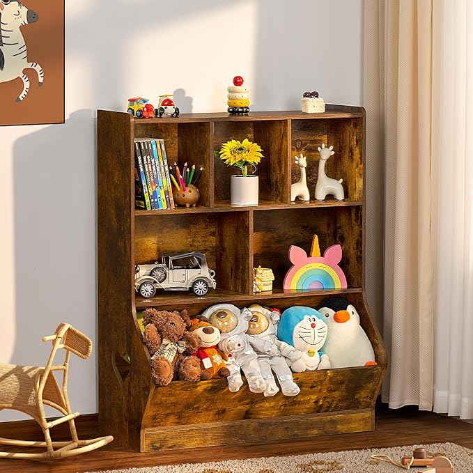 Lerliuo Kids Toy Storage Organizer, 3 Tier Children Small Bookcase and Bookshelf, Toddler 7 Cubby Toy Storage Cabinet, Toy Shelf for Playroom, Bedroom, Living Room, Nursery, School 29.53'' H (Brown)