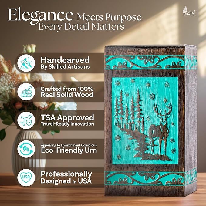 INTAJ Handcarved Rosewood Teal Green Deer Urn for Human Ashes Adult Male Female - 180 lbs Forest Wooden Cremation Urn Box Suitable for Burial Funeral Decorative Wildlife Memorial Casket