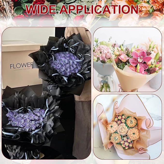 PATIKIL Flower Wrapping Paper 29.5 Ft x 22.8 Inch, Cotton Wrapping Flower Paper Tissue Paper for Flower Bouquet Gift Wrapping Valentine's Day Graduation Gift Floral Wrap, Black