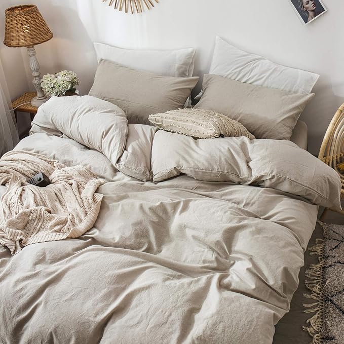 MooMee Bedding Duvet Cover Set 100% Washed Cotton Linen Like Textured Breathable Durable Soft Comfy (Heathered Tannish Linen Grey, Oversized Full 82"x86")