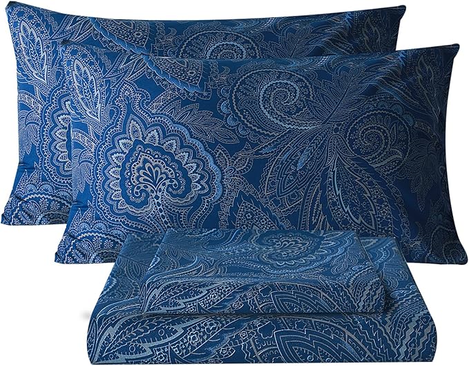 Bedlifes California King Sheet Set Ultra Soft, Breathable, Silky Flower Deep Pocket 100% Microfiber Bedding, 4 Piece Cal King Size Paisley Dark Navy Blue