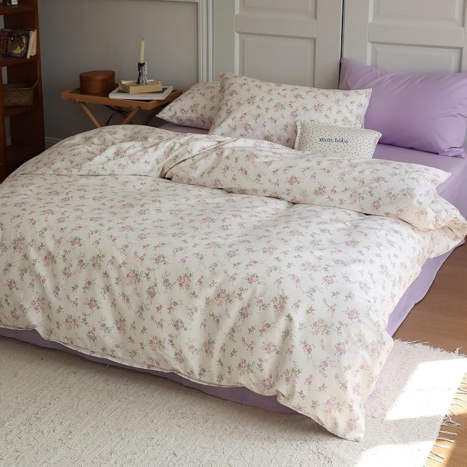 EAVD Vintage Style Botanical Floral Duvet Cover Queen White Soft Cotton Chic Shabby Garden Pink Purple Floral Bedding Set with 2 Pillowcases Reversible Botanical Duvet Cover with Zipper Closure
