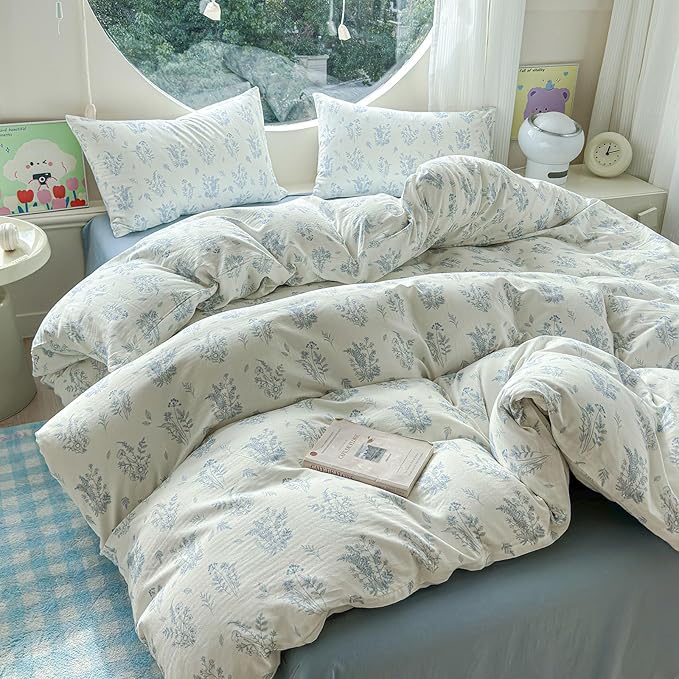 LifeTB Muslin Duvet Cover Set Twin XL Vintage Botanical Floral Duvet Cover 100% Cotton Linen Feel Flower Bedding Set Soft Gauze Comforter Cover Breathable Lightweight Cottagecore Bedding Set