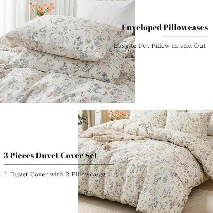 EAVD Chic Shabby Botanical Floral Duvet Cover Twin Soft Cotton Garden Floral Bedding Set with 2 Pillowcases Fresh Reversible Botanical Duvet Cover with Zipper Closure
