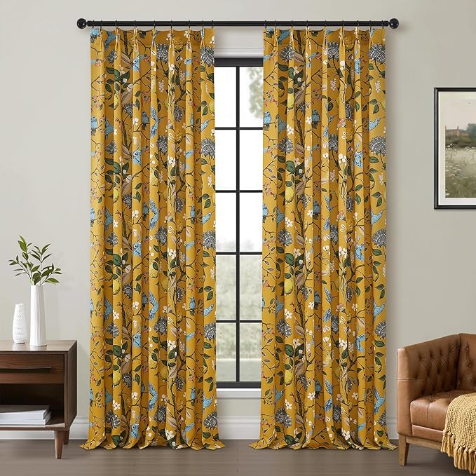 Mustard Yellow Printed Pattern Curtains 96 Inches Long for Living Room Bedroom Pinch Pleated Blackout Vintage Art Deco Anthropologie Vintage Floral Lemon Hummingbird Drape 96 Inch Length 2 Panels