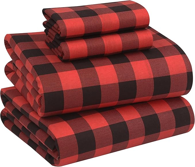 RUVANTI Flannel Sheets King Size - 100% Cotton Brushed King Size Sheets Set - Deep Pockets 16 Inches Bed Sheets - All Seasons Breathable & Extra Soft - Warm & Cozy, 4 Piece, Red & Black Plaid