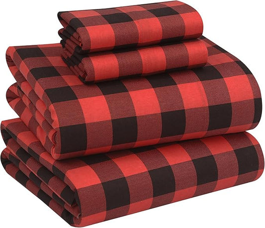 RUVANTI Flannel Sheets Full Size - 100% Cotton Double Brushed Bed Sheets Set, Deep Pockets 16 Inches, All Seasons Breathable & Extra Soft Full Sheets, Warm & Cozy, 4 Piece, Red & Black Plaid
