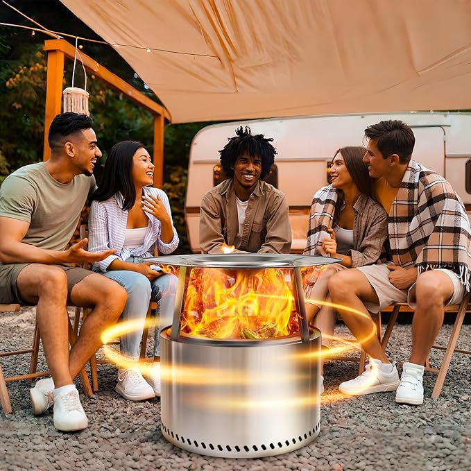 HGD 20" Smokeless Firepit with Heat Deflector, Stainless Steel Wood Burning Fire Pit for Friends & Family Gatherings, Secondary Combustion Outdoor Patio Stove for Garden BBQ & Bonfire