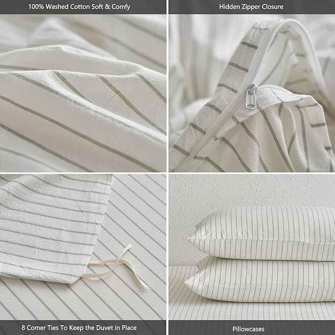 MooMee Striped Duvet Cover Set 100% Washed Cotton Linen Like Textured Breathable Durable Soft Comfy (White Sage Green Wide Stripes, Super Queen 90"x98")