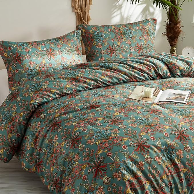 Vintage Floral Comforter Set King 3 Pieces Boho Bedding Comforter Chic Botanical Flower Comforter with 2 Pillowcases Fluffy Soft Famhouse Bedding Set Aesthetic Floral Boho King Size Comforter Set
