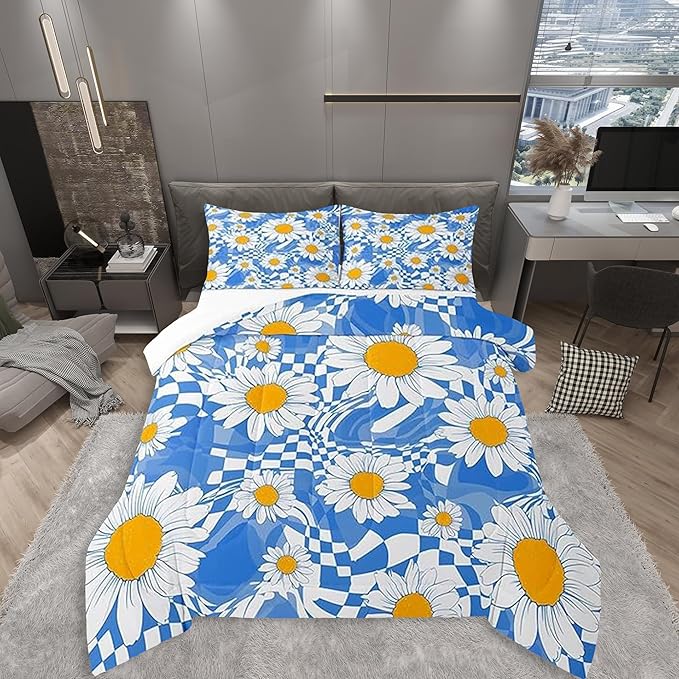 Castle Fairy Kids Abstract Bedding Comforters King Size,White Daisy Flowers Boys Girls Comforter Set Room Decor,Blue Zebra Stripes Geometric Plaid Modern 3pcs Bedding Set Chic Xmas Present