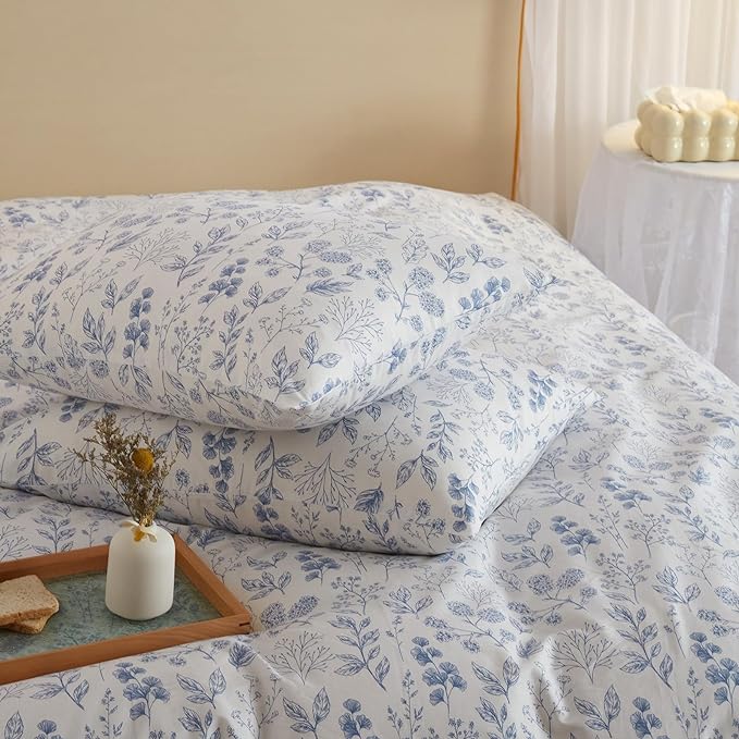 3 Pieces Duvet Cover Full Size Bedding White Duvet Cover with Blue Floral Print,Coquette Bedding Soft Cotton Comforter Cover Boho Style,Aesthetic Full Bedding Set with Zipper Closure 4 Ties,All Season