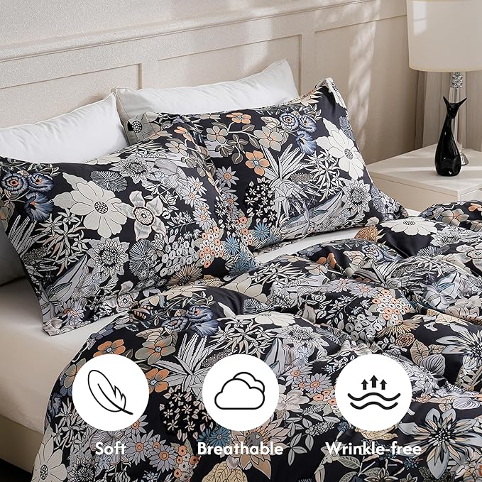 LONAVA King Flower 3 Pcs Duvet Cover Set, Breathable Soft Microfiber Black Lining Comforter Cover with Zipper Closure, and 2 Anti-Pilling, Fade Resistant Pillowcases, Midnight Blossoms