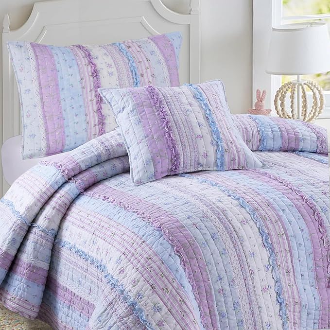 Cozy Line Home Fashions Raelynn Romantic Lace Orchid Light Purple Blue Flower Print Stripe Cotton 3D Bedding Quilt Set, Reversible Coverlet, Bedspread for Girls Women (Lavender,Queen -3 Piece)