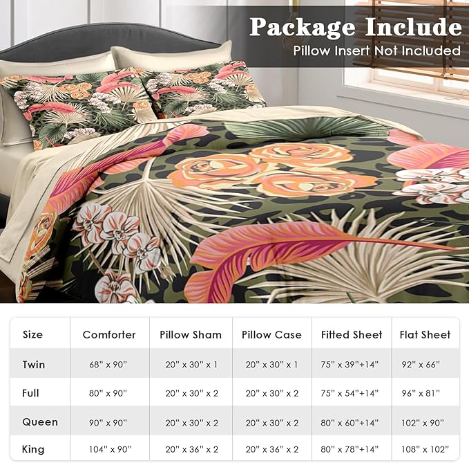 Comforter Set Full Size, Summer Tropical Flowers 7 Pcs Bedding for Kids and Adults, Hawaiian Palm Leaf Leaves Bed Sheet Sets with Fitted Sheet 2 Pillowcase & 2 Sham for Bedroom Bed Decor