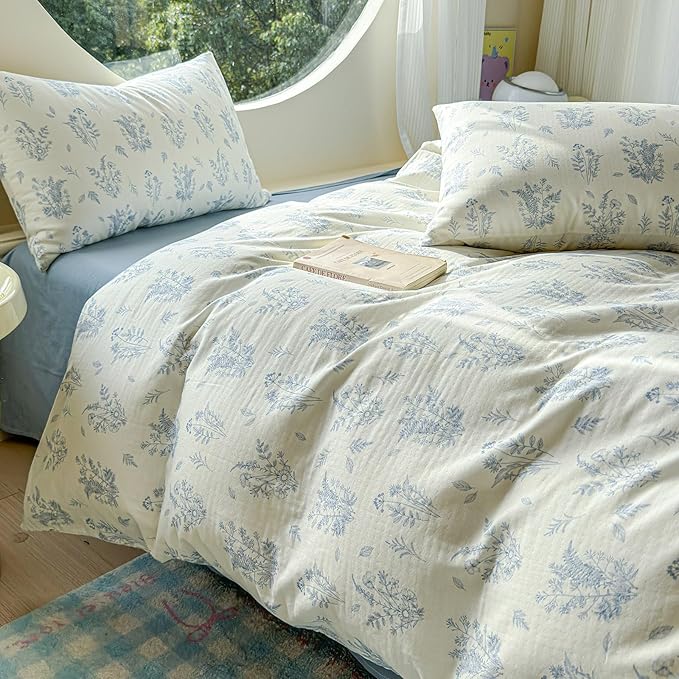 LifeTB Muslin Duvet Cover Set Twin Vintage Botanical Floral Duvet Cover 100% Cotton Linen Feel Flower Bedding Set Super Soft Gauze Comforter Cover Breathable Lightweight Cottagecore Bedding Set