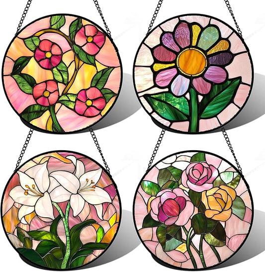 Stained Glass Window Hanging 4 Pcs Set Pink Floral Theme 6.3" - Flowers Suncatcher Door Garden Sun Catcher Decor Birthday Christmas for Mom Woman Nana Men Friend