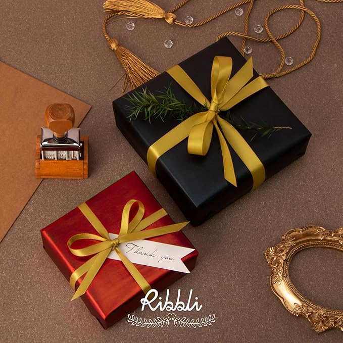 Ribbli Double Faced Gold Satin Ribbon,1/4” x Continuous 25 Yards,Use for Craft Bows Bouquet, Gift Wrapping, Wedding Decoration, Floral Arrangement