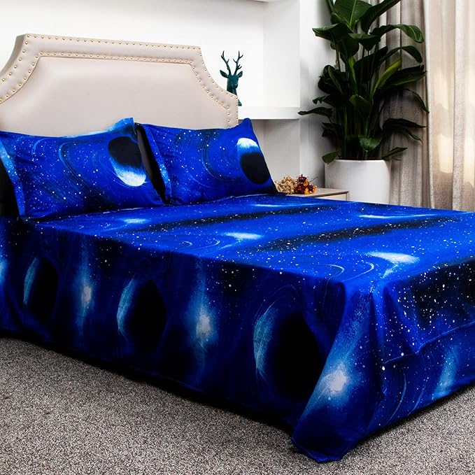 Bedlifes Galaxy Outer Space Sheet Set, Galaxy Themed, 3 pcs Including Flat Sheet, Fitted Sheet, and 1 Pillowcase (Light Blue Full)