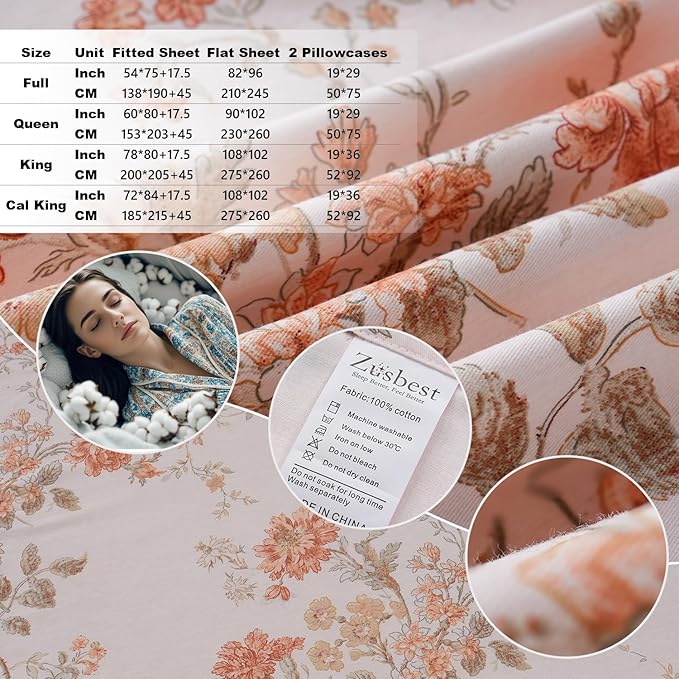 Zusbest King Size Sheets 100% Percale Cotton Orange Floral Bed Sheet Set, Brushed for Extra Softness, Breathable Luxury Flannel Sheets Like Shabby Vintage Flower Print Deep Pocket Bed Set 17.5'' 4 Pcs