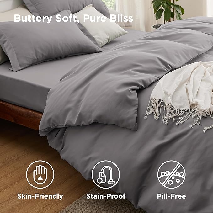Bedsure Duvet Cover with Fitted Sheet Full - Deep Pocket, Hotel Luxury Soft Double Brushed Bedding Set with Zipper Closure, Includes 1 Duvet Cover, 1 Fitted Sheet, 2 Pillow Shams, NO Comforter, Grey