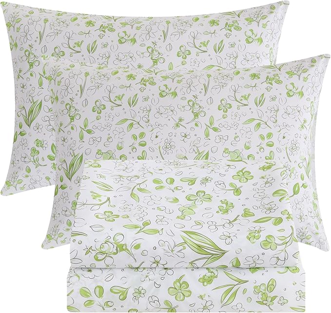 Bedlifes California King Sheet Set Ultra Soft, Breathable, Silky Flower Deep Pocket 100% Microfiber Bedding, 4 Piece Cal King Size Green Floral