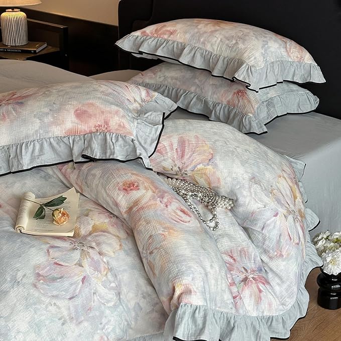 HighBuy Linen Cotton Duvet Cover Full,Blue Ruffle Bedding French Style Floral Print,Yarn-Dyed Textured Duvet Cover Set Blush Flower Shabby Chic Bedding Comforter Cover Set，Soft and Breathable