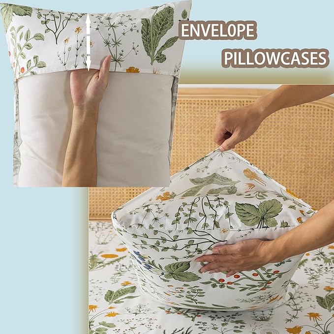 Zusbest California King Size Sheet Sets 100% Percale Cotton Green Floral Bed Sheets Yellow Flower & Green Leaves Botanical Pattern Garden Crisp Soft Deep Pocket Fitted Sheet 17.5'' 4Pcs, Cal King