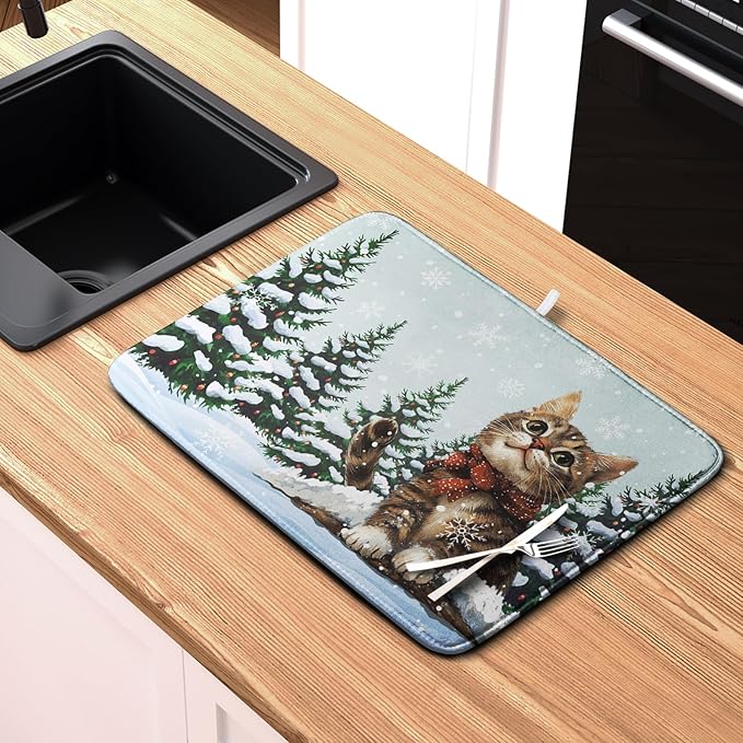Cat Snow Pine Tree Winter Kitchen Dish Drying Mat 16x18 Inch Cute Kitten Animal Dish Mat Christmas Holiday Super Absorbent Dish Drying Pads Microfiber Dish Drying Mat for Kitchen Counter Sink