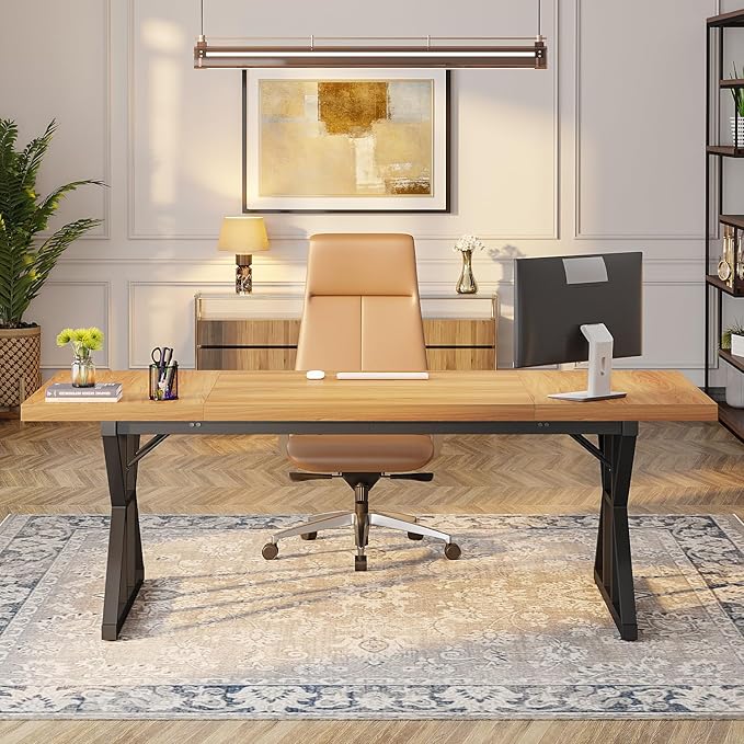 Tribesigns 70.8-Inch Executive Desk, Large Computer Office Desk Workstation, Modern Simple Style Laptop Desk Study Writing Table Business Furniture for Home Office (Light Walnut/Black, 70.8 Inch)