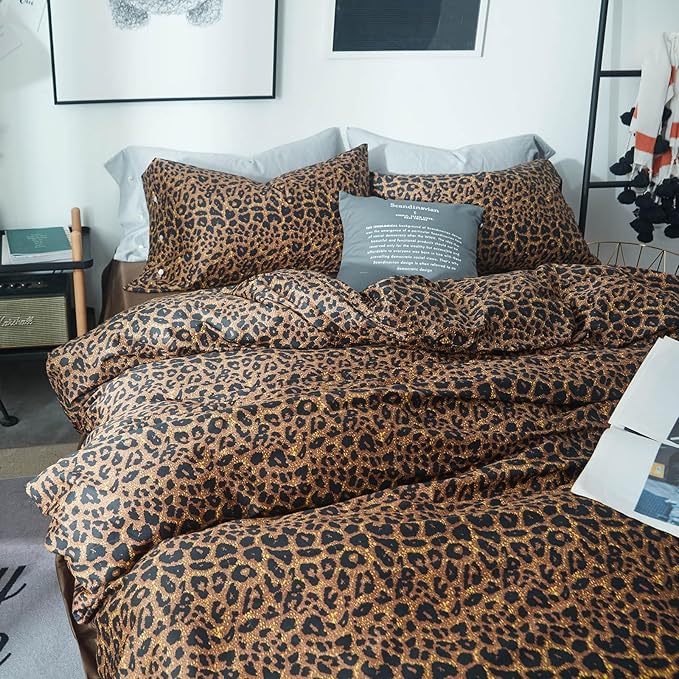 Leopard Print Comforter Set Full Size Animal Cheetah Printed Comforter Set 3 Pieces Fluffy Soft Microfiber Brown/Black Floral Bedding Set Farmhouse Boho Bed Comforter with 2 Pillowcases for All Season