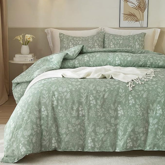 3 Piece Duvet Cover King Size Green Floral Soft 100% Cotton Garden Botanical Bedding Set for Women Girls Aesthetic King Bed Comforter Cover with 2 Pillowcases,Chic,Lightweight