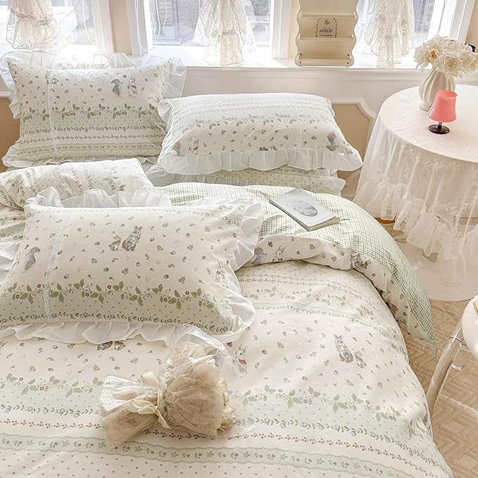 VM VOUGEMARKET Twin Comforter Set with Flower Green Leaves Prints White Ruffle Bedding Down Comforter with 2 Pillow Shams Cute Rabbit Comforter Set for Kids(3pcs,Twin XL)