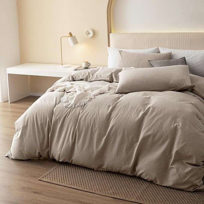 JIYUAN 100% Washed Cotton Duvet Cover Set 2 Pieces Twin, 1 Duvet Cover 68x90 Inches (Comforter Not Included) and 1 Pillowcases,Linen Feel Bedding Set Comfy and Breathable, Heathered Tannish Linen Grey