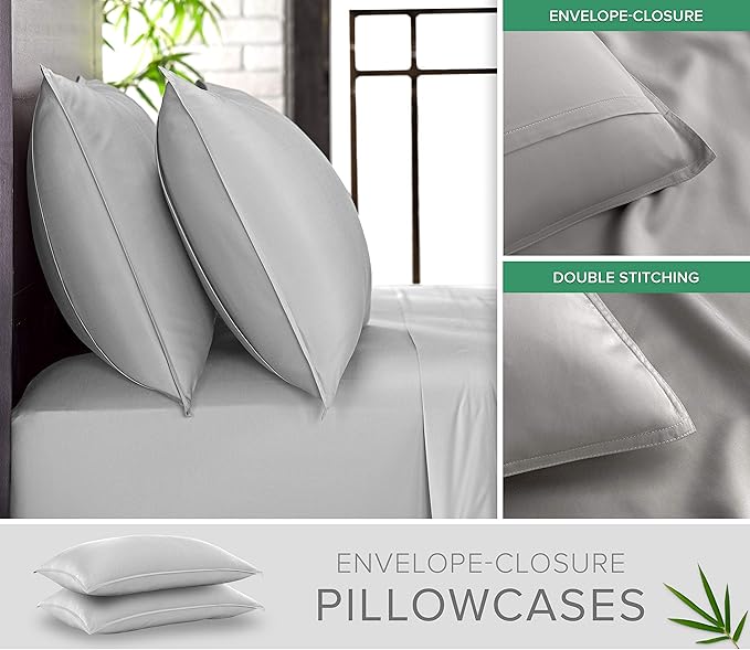 Pure Bamboo Split King Sheets, Genuine 100% Organic Viscose Derived from Bamboo Bed Sheet Set, Soft & Cooling, Double Stitching, 2 Fitted Sheets (Split King, Silver Pearl)