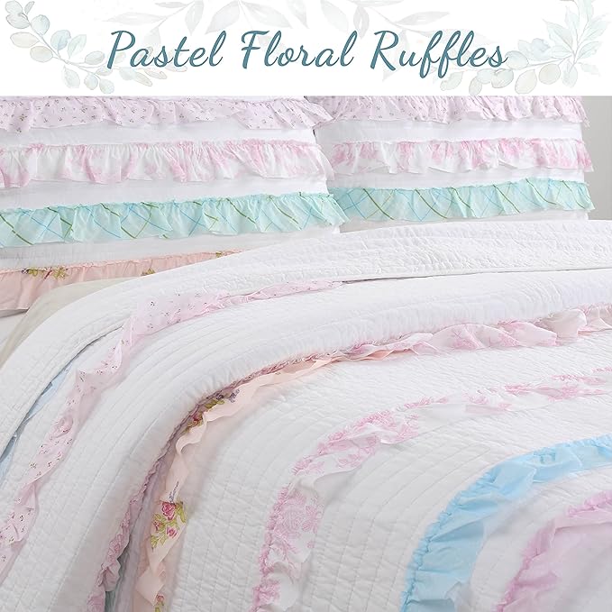 Cozy Line Home Fashions 100% Cotton Chic Ruffle Light Lavender Orchid Blue Flower Print Stripe Bedding Quilt Set, Reversible Coverlet, Bedspread (Chic Ruffle, Queen + Décor Pillows)