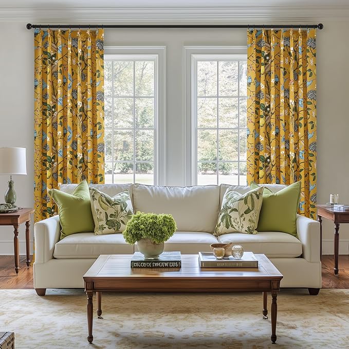 Mustard Yellow Printed Pattern Curtains 96 Inches Long for Living Room Bedroom Pinch Pleated Blackout Vintage Art Deco Anthropologie Vintage Floral Lemon Hummingbird Drape 96 Inch Length 2 Panels