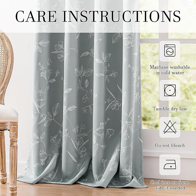 ChrisDowa Grey 100% Blackout Floral Curtains 108 Inches Long 2 Panels for Bedroom Living Room White Flower Patterned Room Darkening Thermal Insulated Soundproof Grommet Window Treatments Drapes,52X108