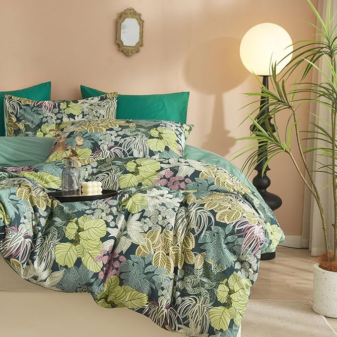 EAVD Tropical Leaves Duvet Cover Twin Soft Cotton Chic Plant Green Leaf Pattern Bedding Set with 2 Pillowcases Fresh Botanical Leaves Comforter Cover with Zipper Closure