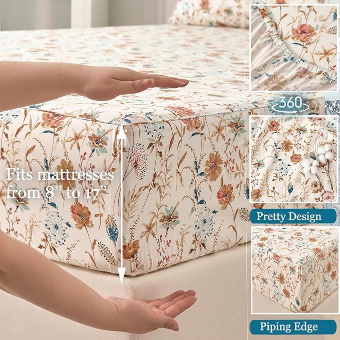 Zusbest King Sheets Set 100% Percale Cotton - Boho Floral Botanical Printed Bedding with Deep Pocket 17.5'', Vintage Burnt Orange & Teal Design, 4-Piece Soft Breathable Sheets